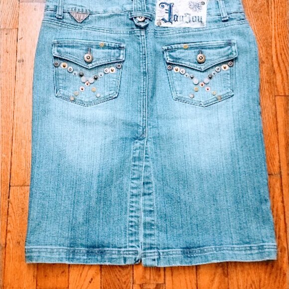 Jou Jou Skirt Women 30W (9/10) Stud Button Embellished Midi Denim Jean Whisker - Picture 9 of 15